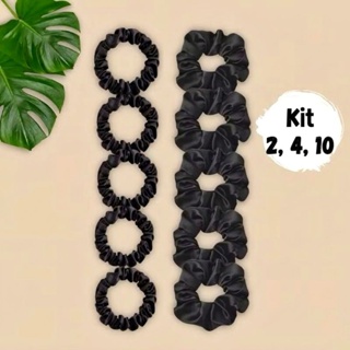 Kit xuxinha de cabelo cetim, scrunchie preta antifrizz fina e grossa em Oferta na Shopee