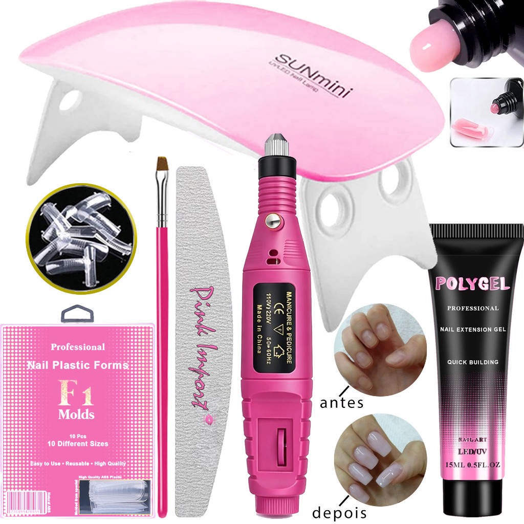 Kit Unha Pollygel Cabine SunMini Portatil Molde F1 Lixa de tips Unhas Postiça