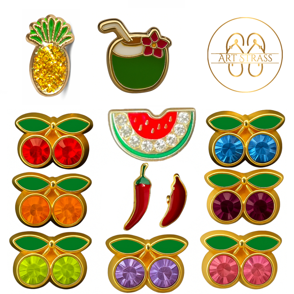 Kit 10 Pingentes Frutas e Pimentas de Metal Em Banho Dourado Para Chinelos em Oferta na Shopee