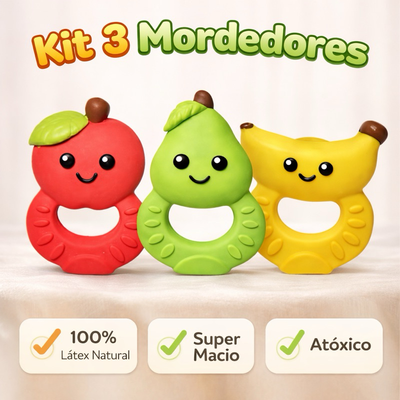 Kit 3 Mordedores para Bebê em Látex Natural | Alívio da Dentição, Macio e Seguro, Menino e Menina, Formato Frutinhas