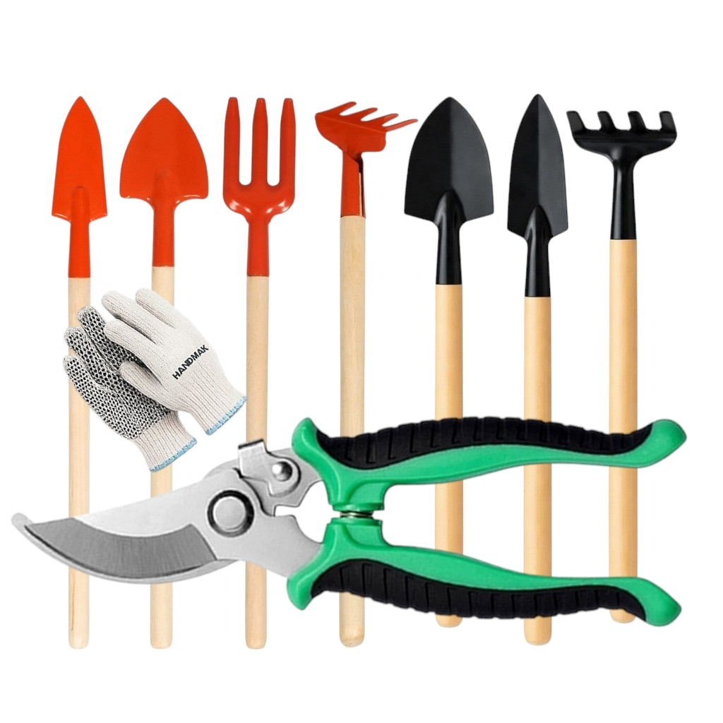 Mini Kit Jardinagem Conjunto Ferramentas 5-6 Peças Metal Cabo Madeira Jardim