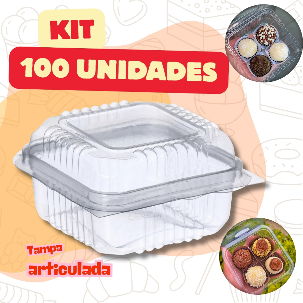 Kit 100 Embalagem Quadrada com Tampa para Bolo e Sobremesa 200ml