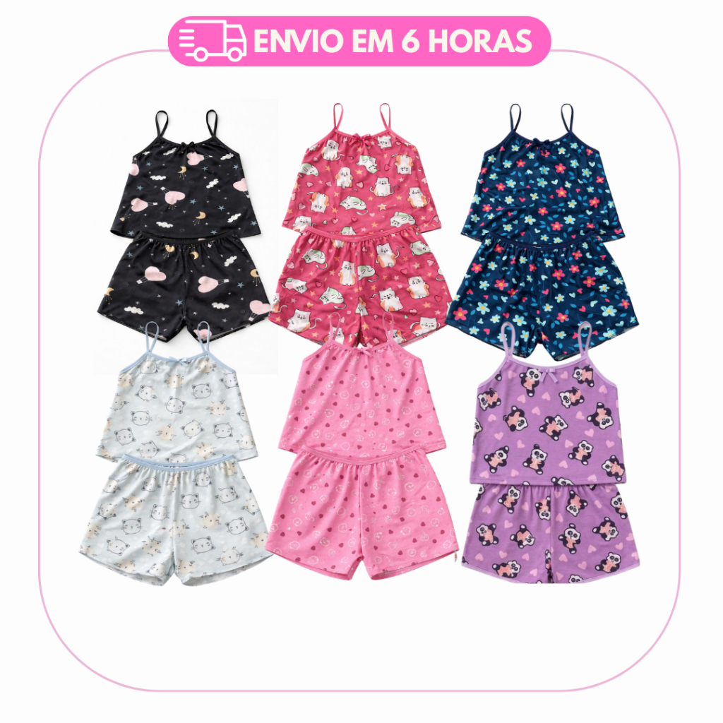 Kit 5 Pijamas Infantil Short Doll Conjunto Micro Roupa De Dormir Blusa Feminina Infantil Confortavel