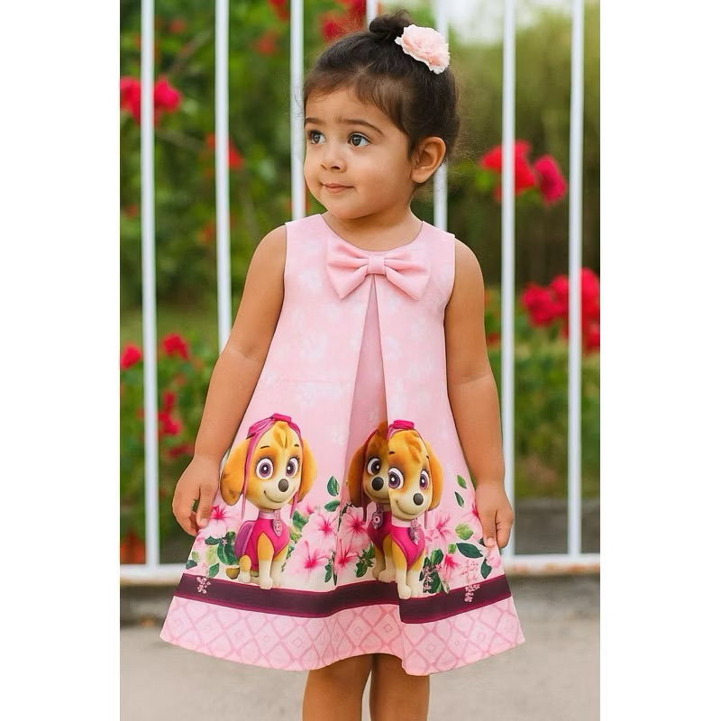 vestido temático infantil patrulha canina Skye Skay Eskay Ryder Chase Rubble Marshall Rocky Zuma (Mod. Manuella)