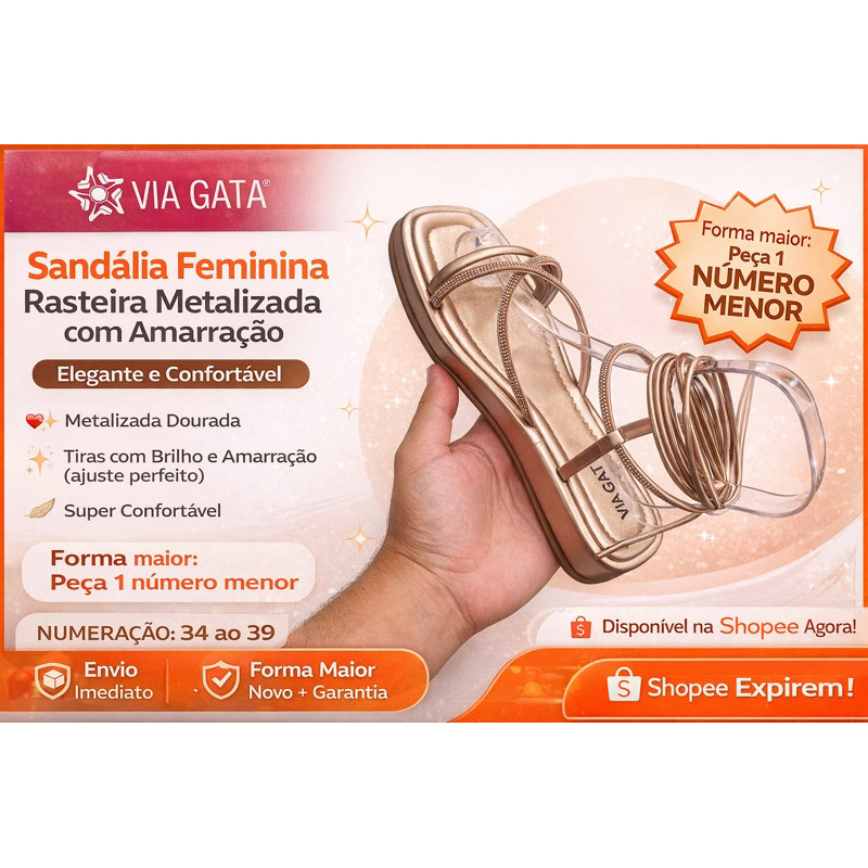 ✨ Sandália Feminina Via Gata Rasteira Metalizada com Amarração Elegante e Confortável ✨