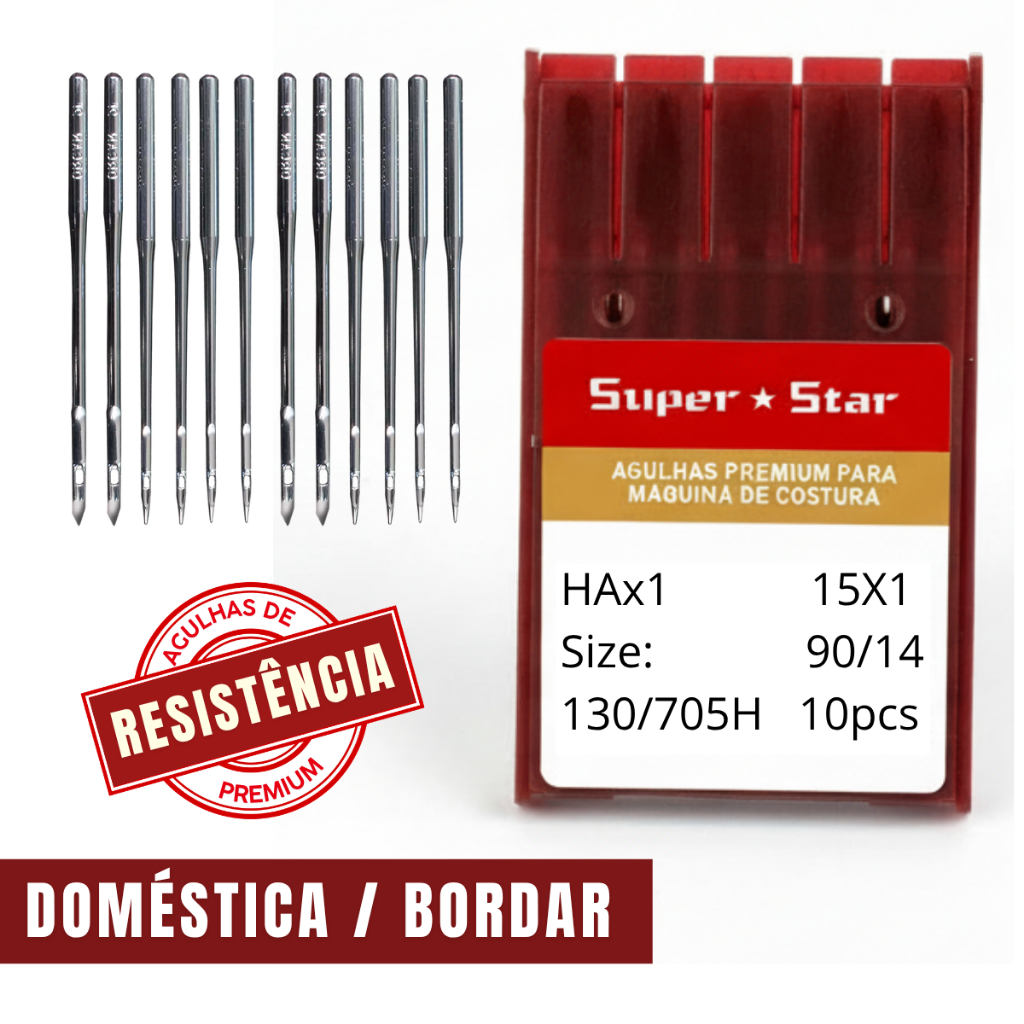 Agulha para Máquina de Costura / Bordar Domestica Singer / Elgin / Brother 10 un - HAx1 - Super Star