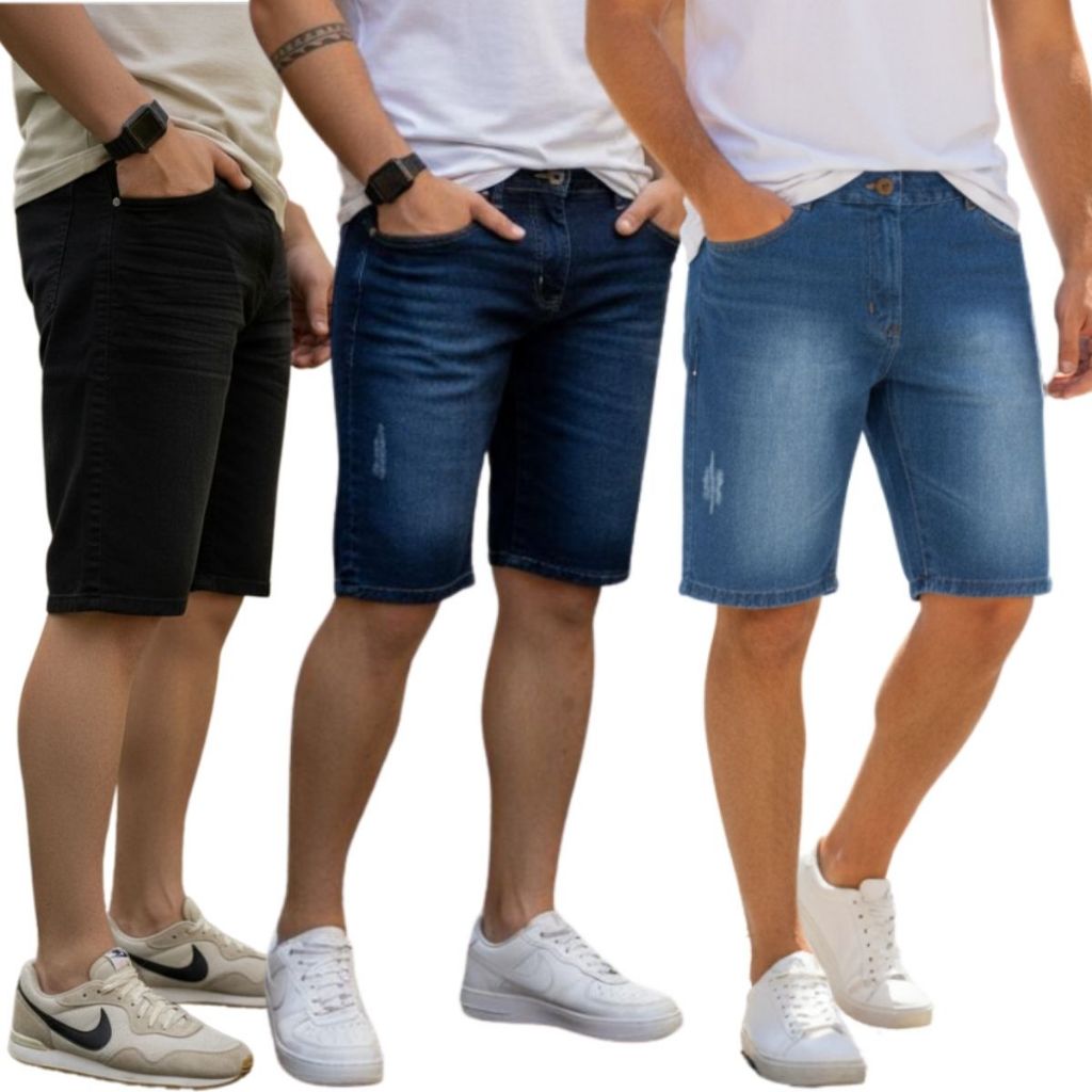 Bermuda Jeans Masculina Kit Com 3 Slim Fit Premium Lycra em Oferta na Shopee