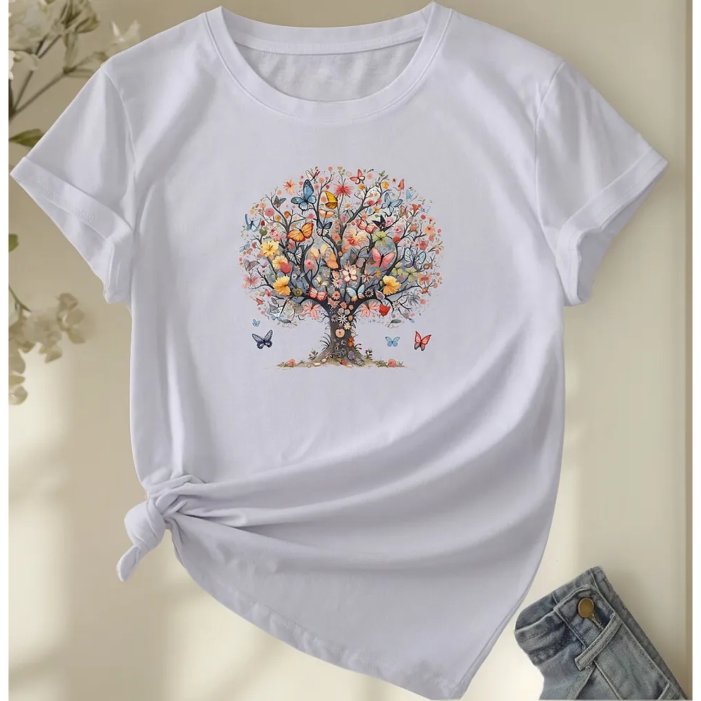 Camiseta Feminina Estampada T-shirt Arvore Delicada com Borboletas Casual e Confortável Oferta