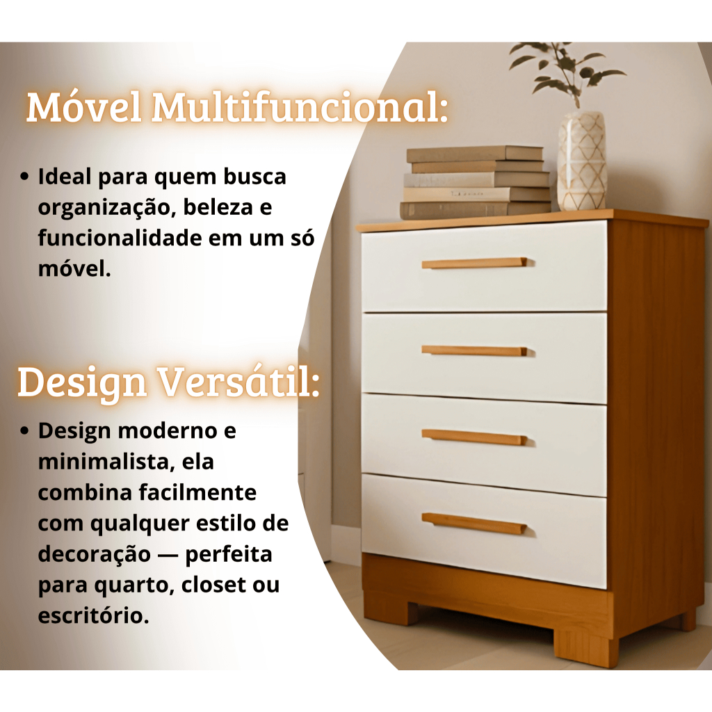 Detalhes do Cômoda 4 Gavetas Armazenamento Compacta Multiuso Moderna Decorativa Organizadora Cor Freijó/Off