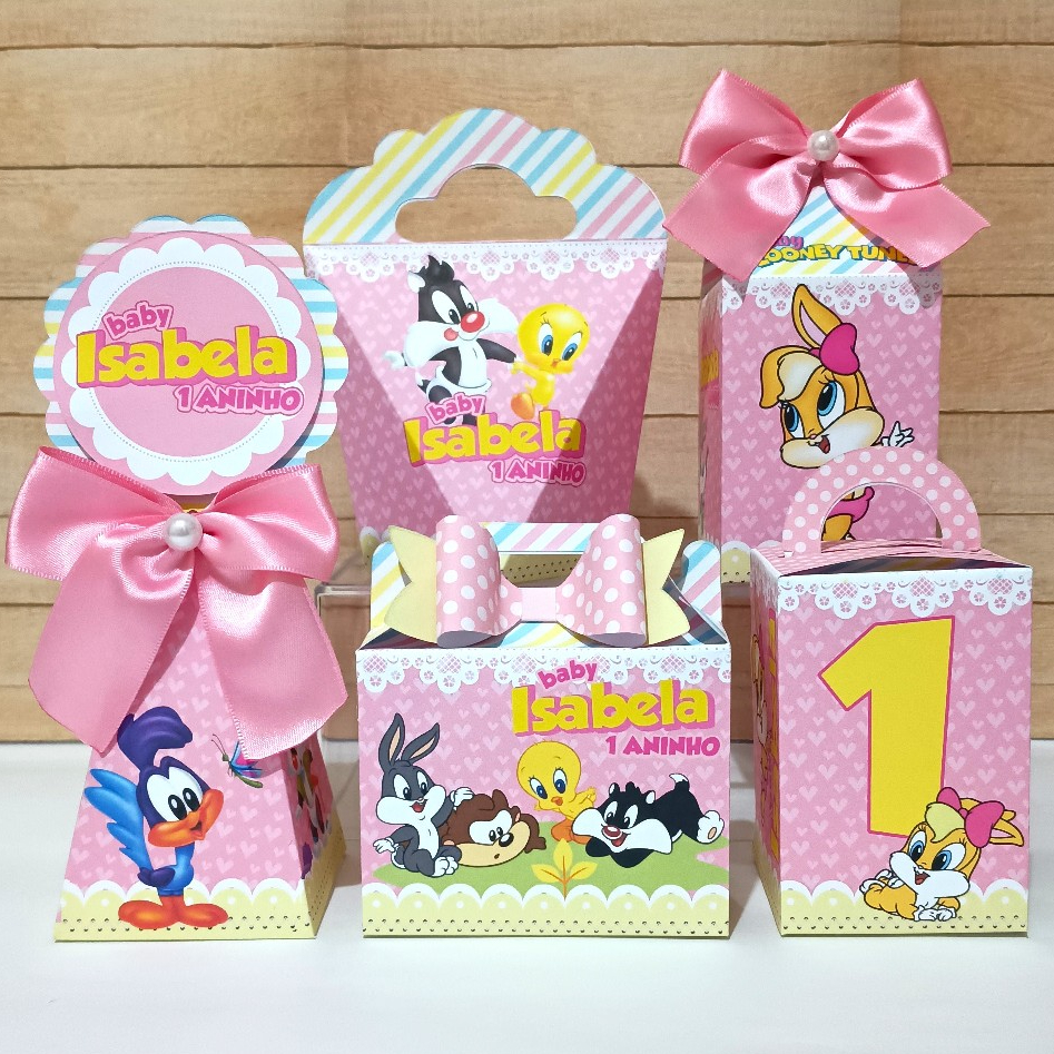 Kit Festa Baby Looney Tunes menina Infantil –- Caixinhas personalizadas Lembrancinhas para Aniversário