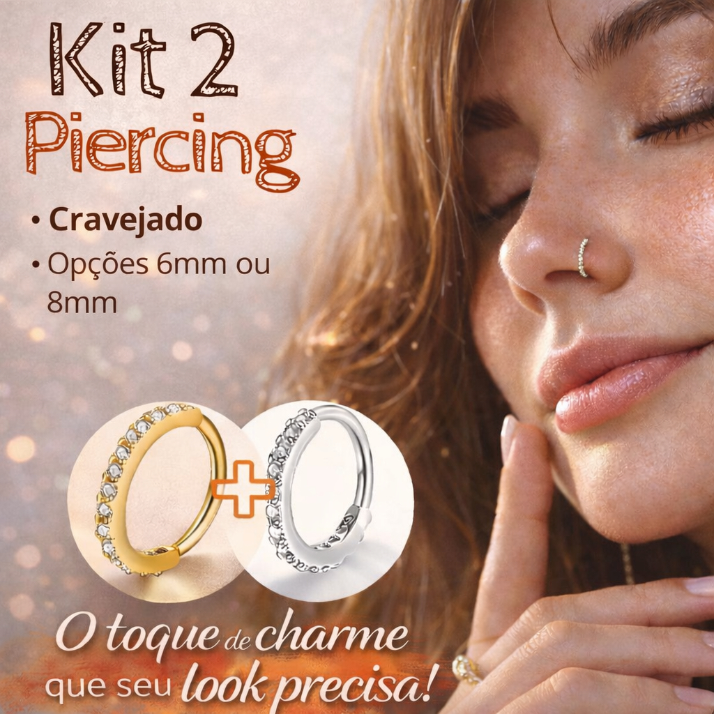 Kit 2 Piercing Nariz Cartilagem Argola Cravejado Strass 8mm e 6mm