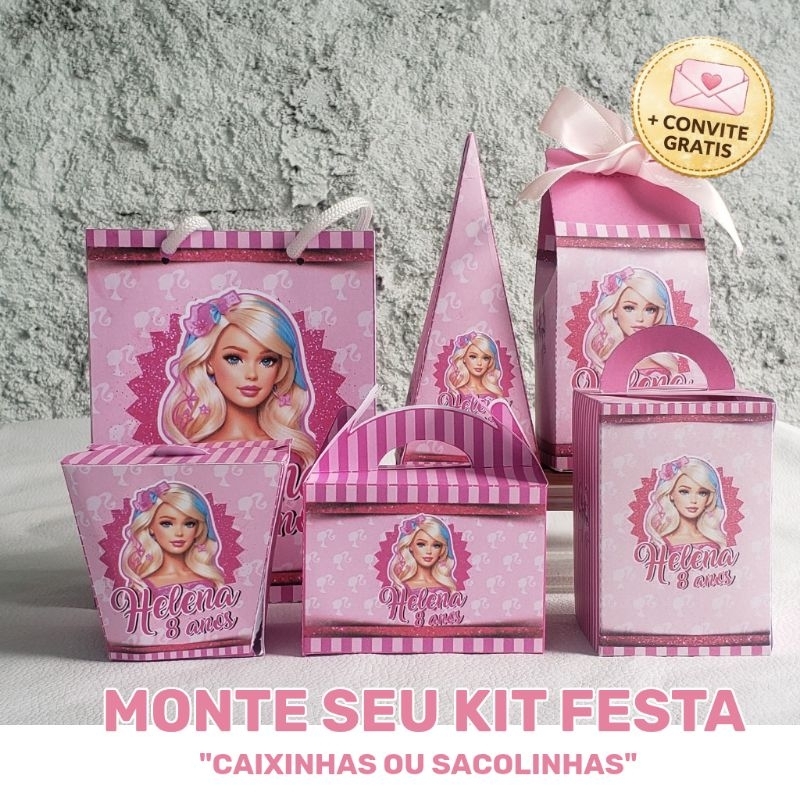 Kit Festa 10 Itens Barbie | Escolha Sacolinhas ou Caixinhas | Personalizado | Brinde Convite Digital