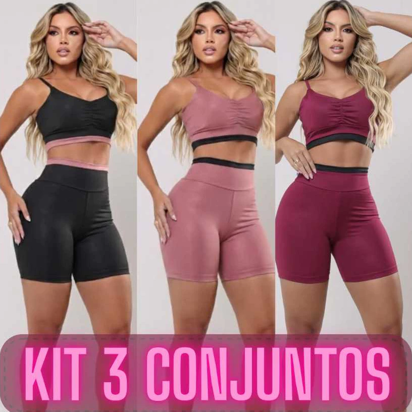 Kit 3 Conjuntos Fitness Short e Top Academia Cintura Alta Suplex — imagem 1