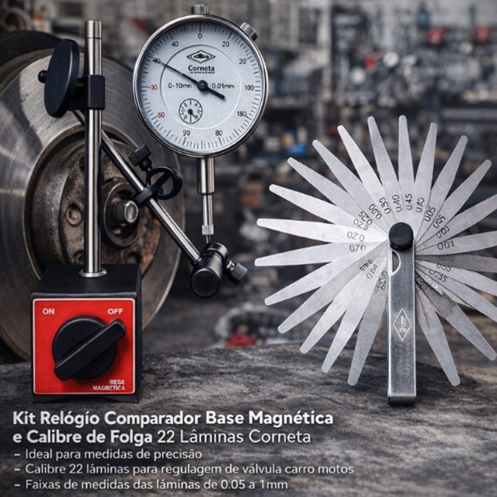 Relogio Comparador 0,01mm 0,10mm C/ Orelha Calibre De Folga 22 Base Magnetica Articulada Ajuste Fino