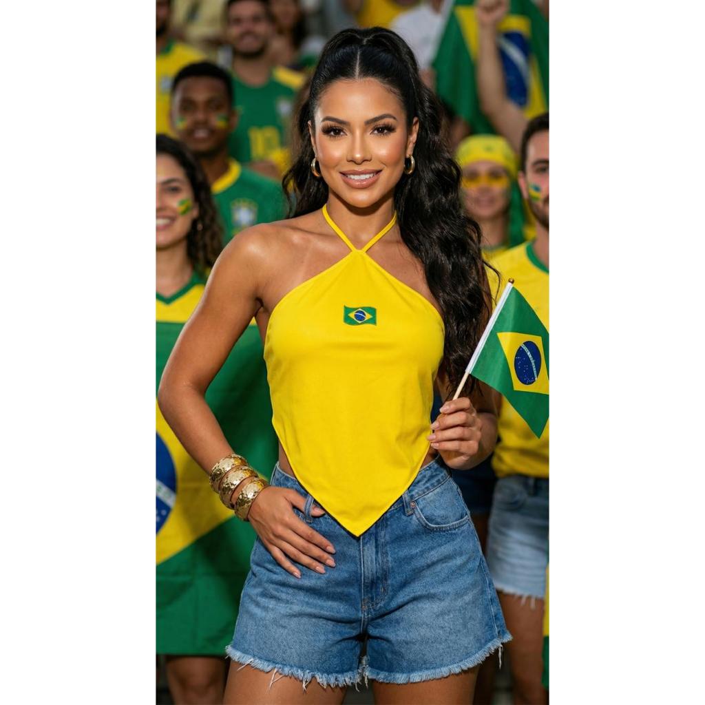 Blusa Brasil Cropped Top Feminino Frente Única Brasileirinha Bandeira Amarração - Logo Brasil - Torcida Copa Casua Sexyl