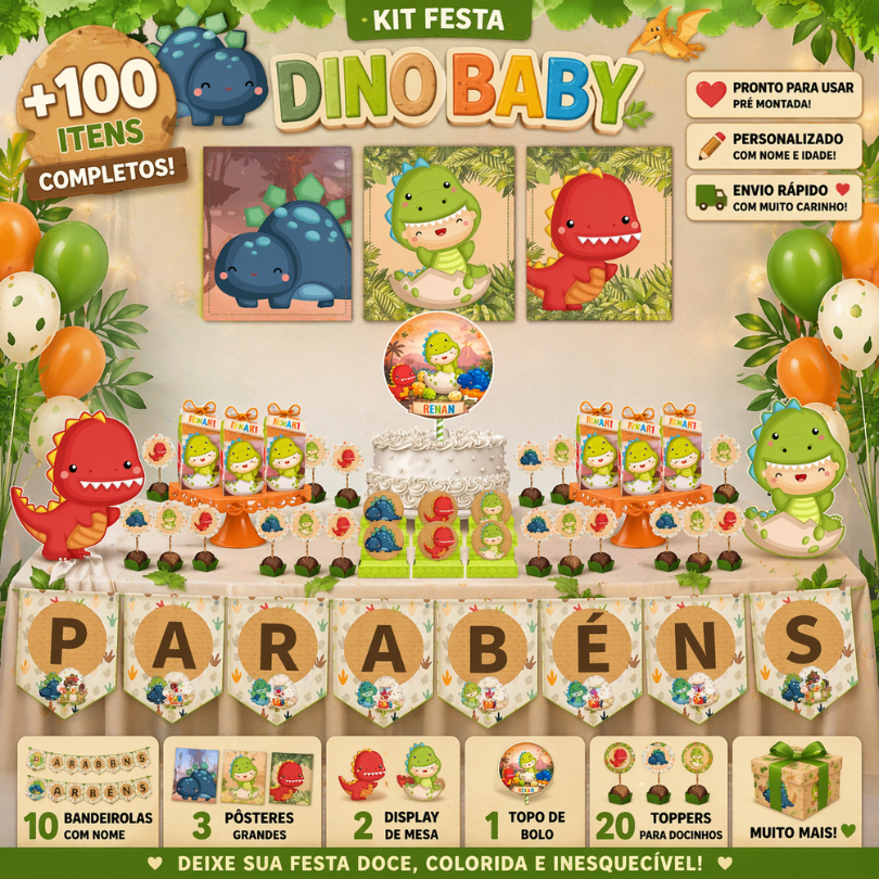 KIT FESTA DINO BABY DINOSSAURO  PERSONALIZADO UM BOLINHO|MÊSVERSÁRIO ANIVERSÁRIO|50|30 ITENS|LEMBRANCINHA