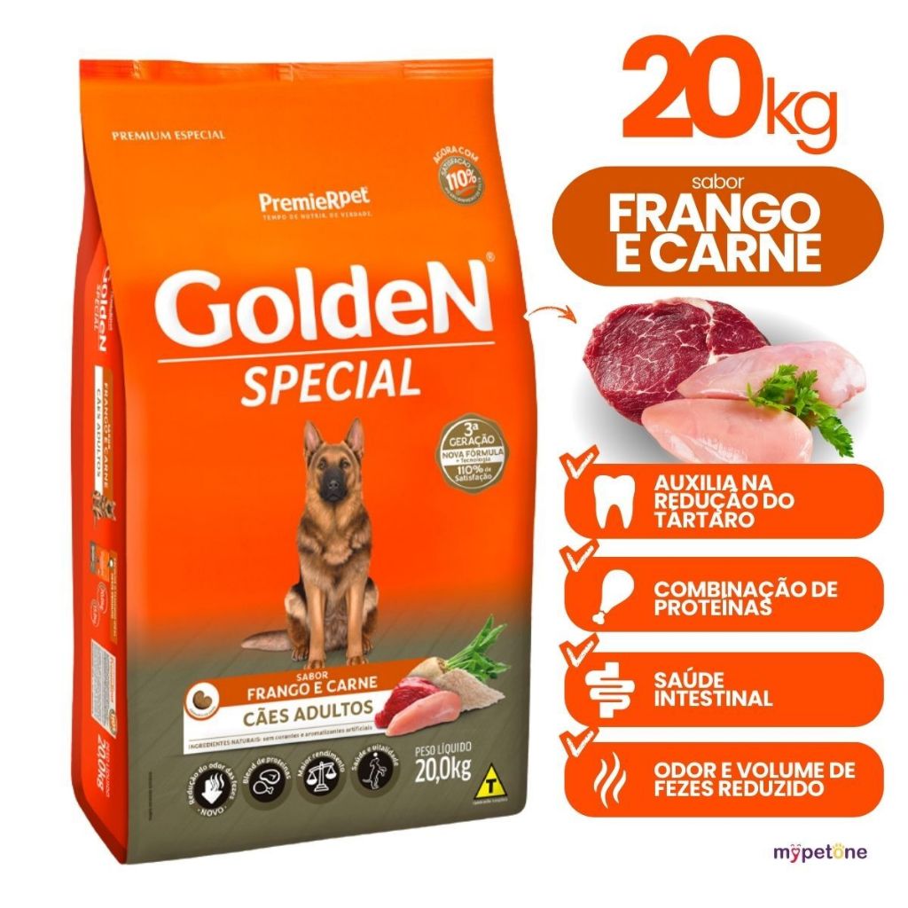 Ração Golden Special 20kg Cães Adultos Premier Sabor Frango e Carne