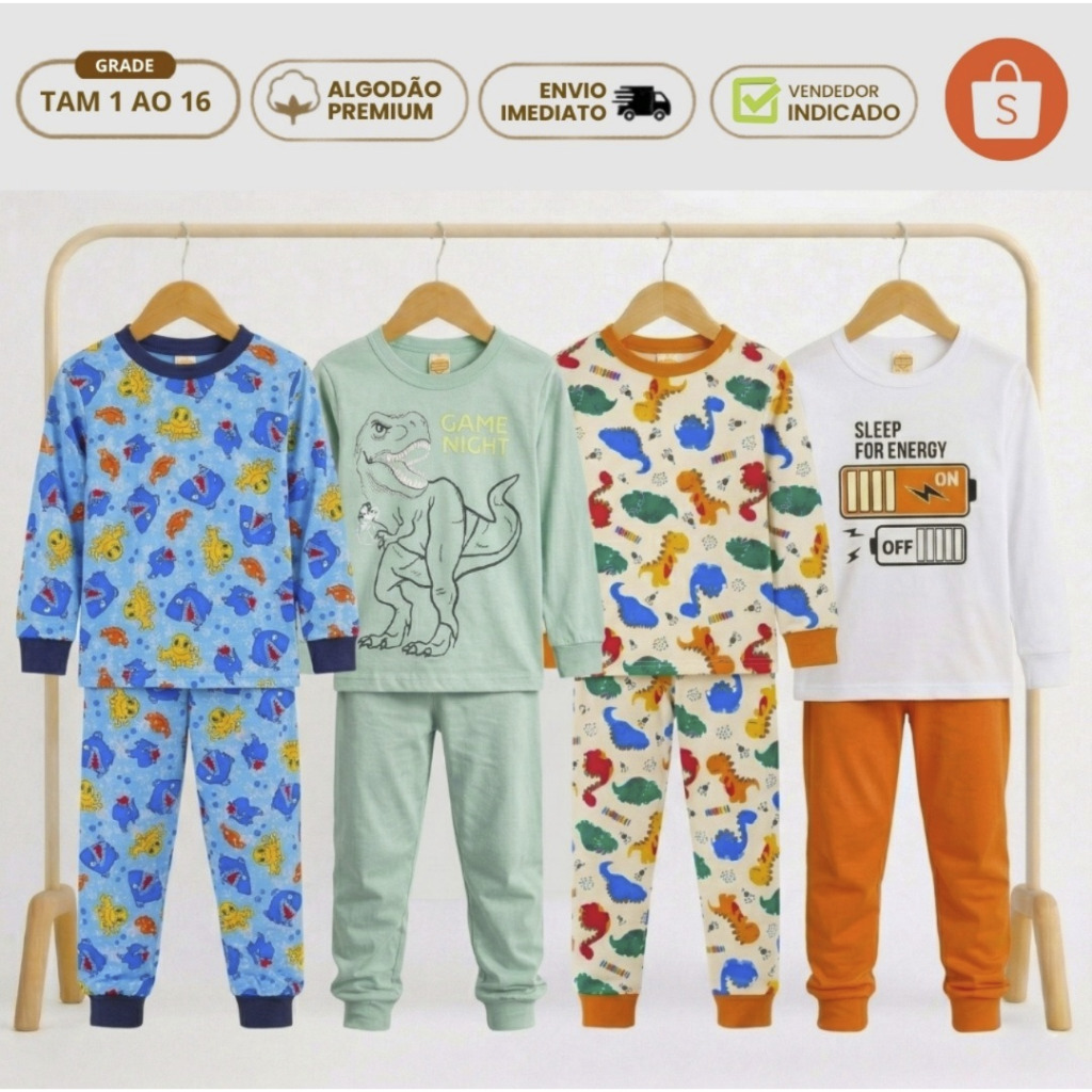Kit 3 Pijama Infantil Masculino Frio Inverno Roupa de Dormir Menino Dino Gamer Safari Algodão Meia Estação Confortável