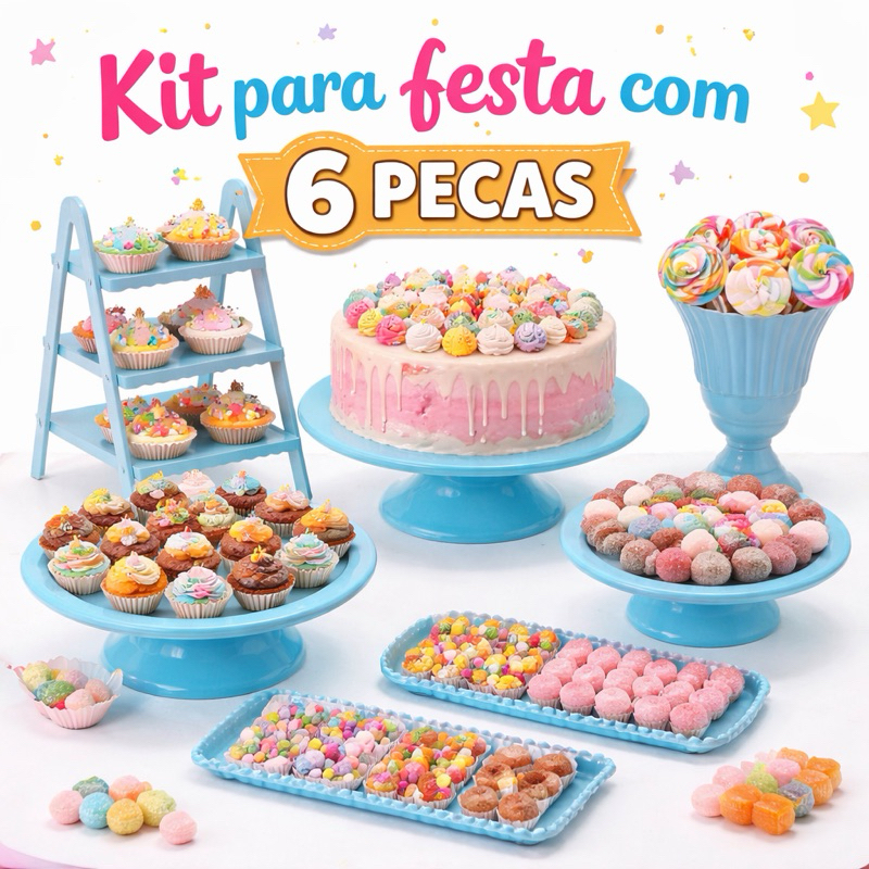 Kit Decoração Festa 6 Peças Candy Table | Mesa de Doces Boleira Bandejas (Várias Cores)