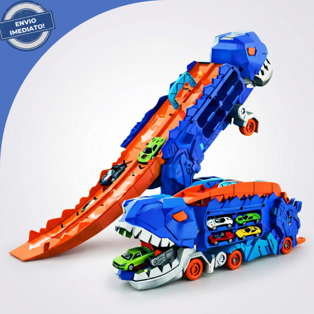 Caminhão Dinossauro Gtande com Pista Lançador Dino Truck Engole Carros Brinquedo Carrinhos