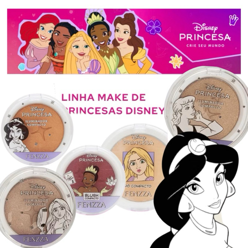 Linha Coleção Maquiagem Princesas Disney Fenzza Paleta Blush, Iluminador, Sombra, Pó, Kit de Pincéis