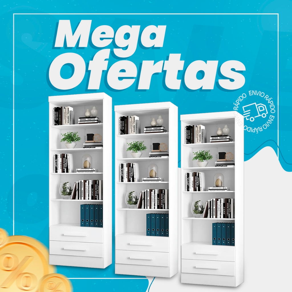 Kit 3 Estantes Livreiro 2 Gavetas e 5 Prateleiras Fancy Q01 Branco - Mpozenato
