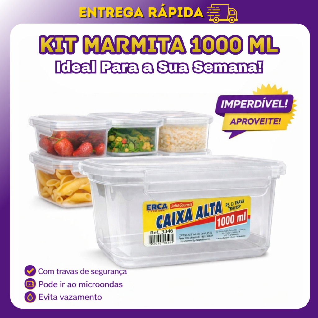 Kit Marmita 1000ml Trava Fitness Pote Multiuso Plastico Transparente Alimentos Cozinha BPA Free