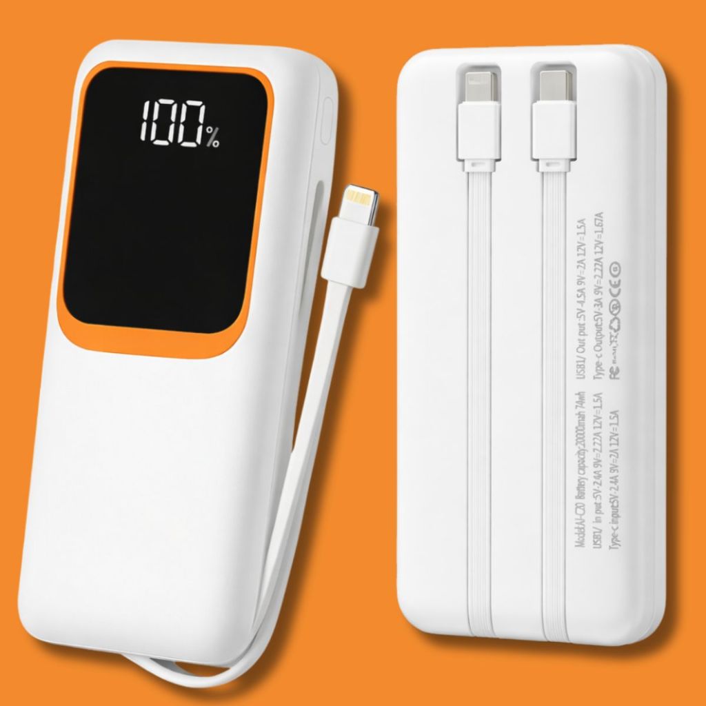 Carregador Portátil 20000mah Turbo Sem Tomada Com Cabos E Display Digital Produto Resistente