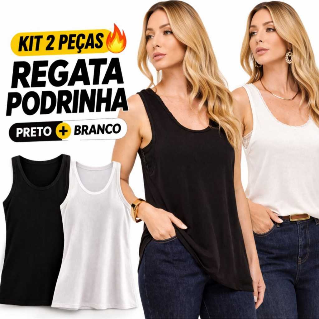 Kit 2 Regatas Podrinha Feminina Preta e Branca Básica Leve Confortável Moda Verão em Oferta na Shopee