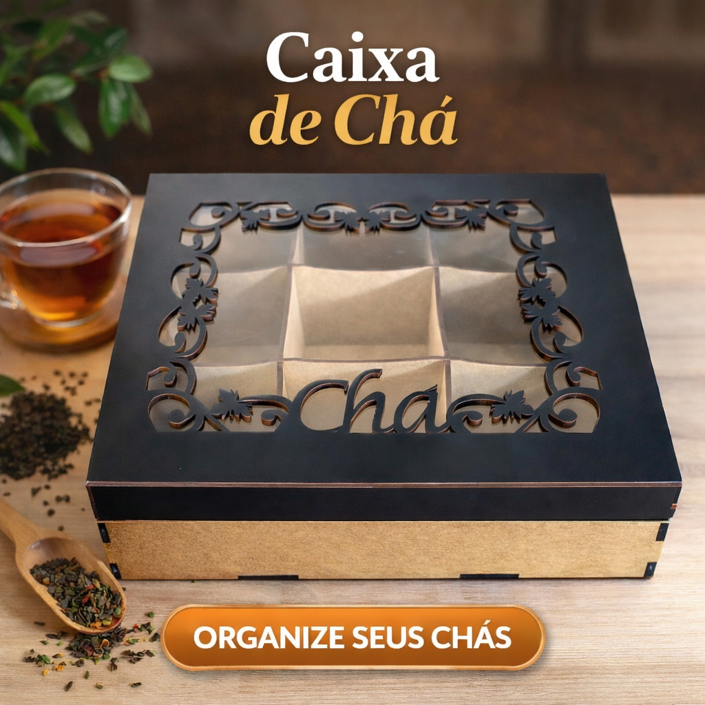 Caixa Organizadora Porta Chá Saché Em MDF 9 Divisórias Especiarias Com Tampa