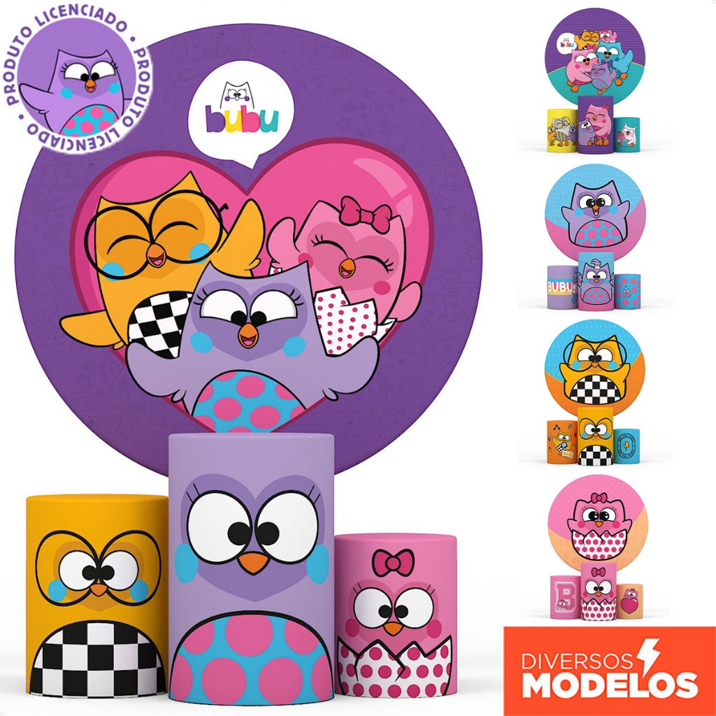 Kit Painel Redondo e Cilindro Decoração Bubu e as Corujinhas Festa Infantil Sublimado Em Tecido Veste Fácil