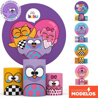 Kit Painel Redondo e Cilindro Decoração Bubu e as Corujinhas Festa Infantil Sublimado Em Tecido Veste Fácil