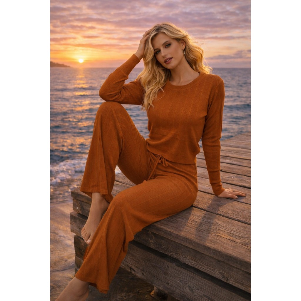 Conjunto Feminino Canelado Manga Longa Calça Pantalona Ajuste Cintura Conforto Elegante Premium