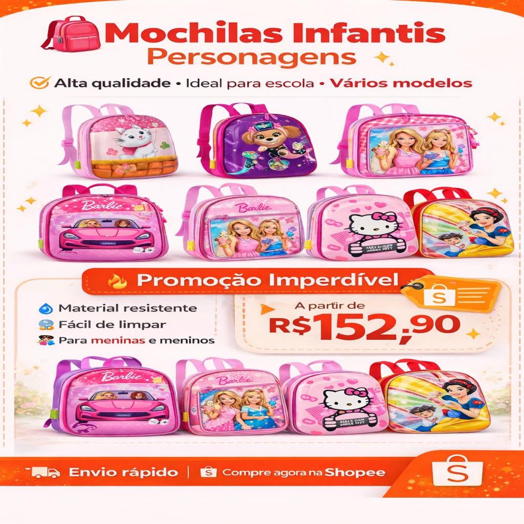 Mochila Infantil Hello Kitty,Barbie,Patrulha Canina,Branca de Neve e Princesa Cinderela