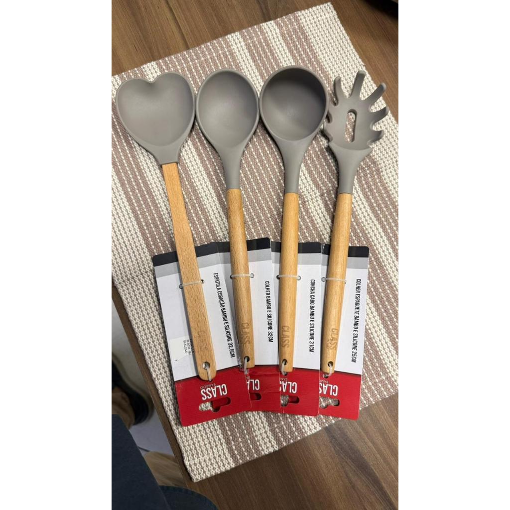 Kit 4 Utensílios de Cozinha Silicone e Bambu Antiaderente | Colher, Concha, Espátula e Pegador de Massa
