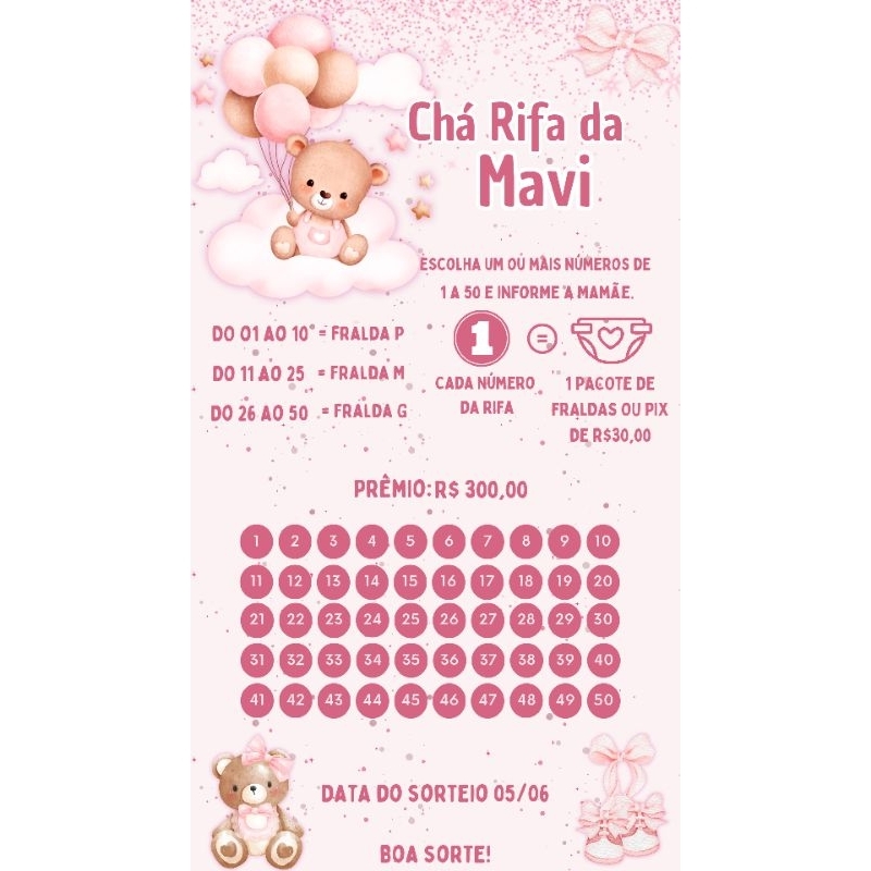 Convite Chá fraldas/Chá Rifa Cartela com números + lista de participantes. Tema Ursinha Rosa