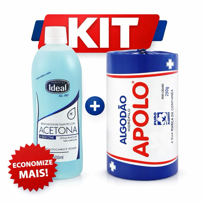 Kit Removedor de esmaltes/Acetona Ideal 500ml + Algodão Apolo rolo 250g Manicure