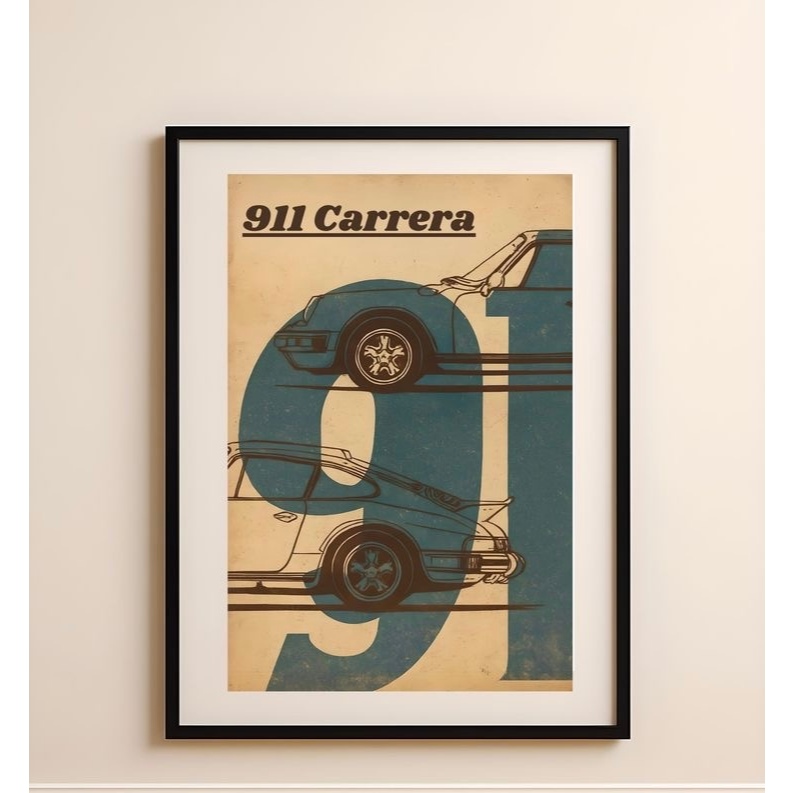Quadros decorativos Carro Alemão Antigo Porsche 911 Carrera Azul Vintage (1 peça)