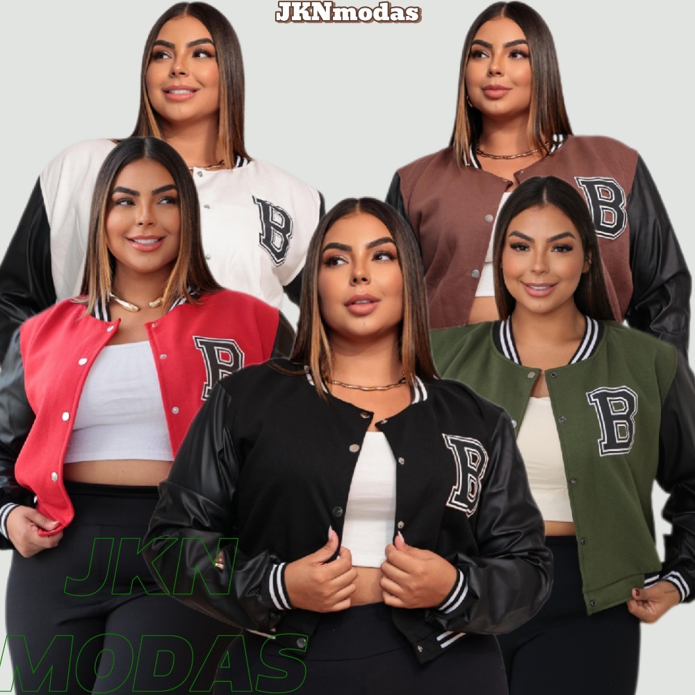 JAQUETA BOMBER Feminina PLUS SIZE  ,, Manga COURO ,Fake Varsity Moda Gringa, CURVE Luxo ,Moletom  ,Americana