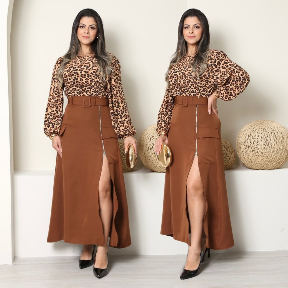 Saia Longa Feminina Cintura Alta Com Fenda Moda Evangélica Social Elegante