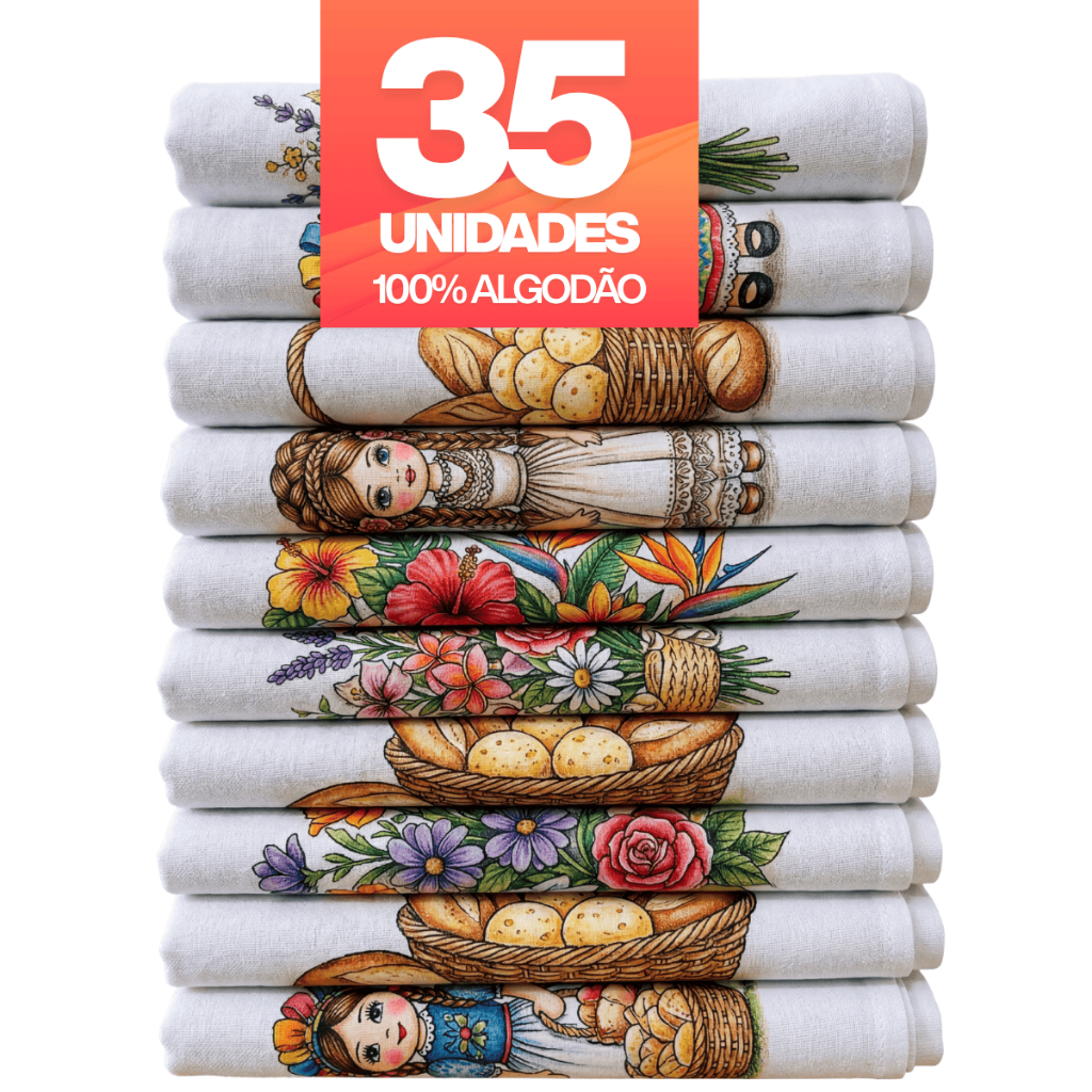 Kit 35 Panos de Prato Estampados 100% Algodão com Bainha Atacado Revenda
