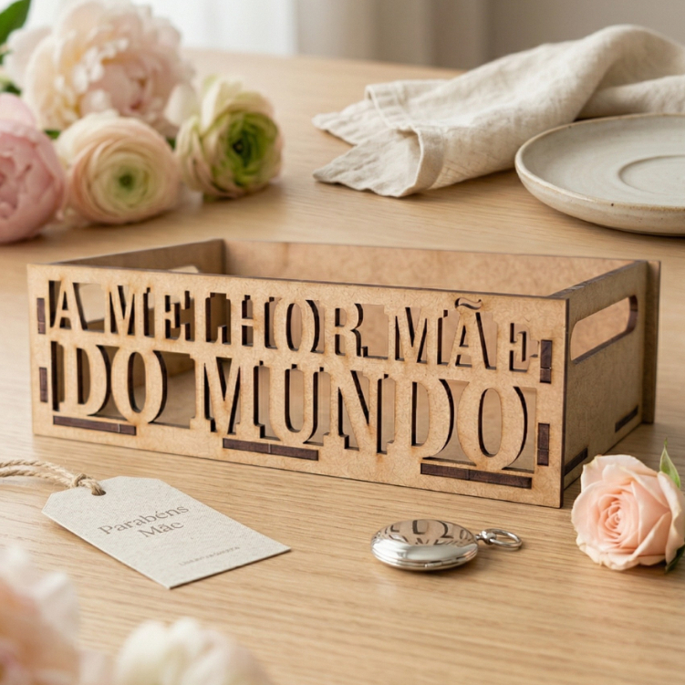 Kit Bandeja Mdf Cru 20x15 Cesta Melhor Mãe Do Mundo Presente Dia Das Mães Embalagem