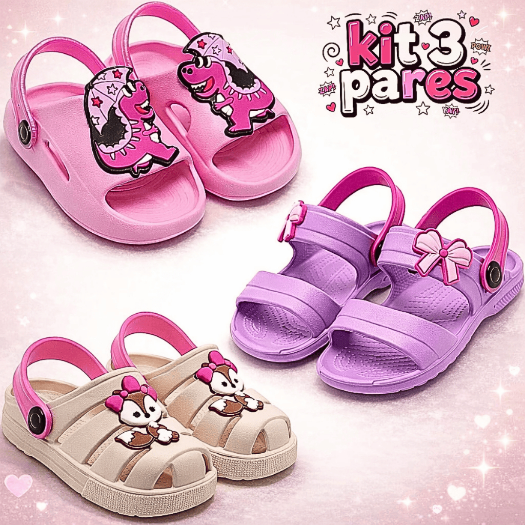 Kit 3 Pares Papete Sandália Infantil Menina Confortável Anatômica