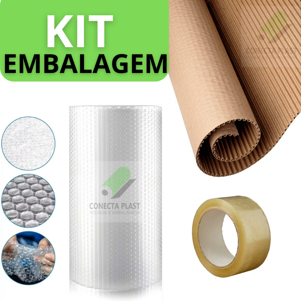 Kit Embalagem Profissional para E-commerce Proteção com Plástico Bolha 32x100m Papel Ondulado Fita
