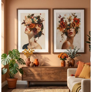 Quadro De Flores Feminino Com Moldura Kit Quadros Decorativos Para Sala Quarto Quadro Rosto Florido