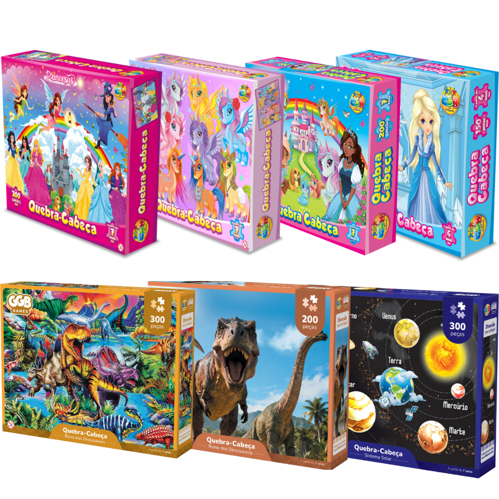 Quebra Cabeça Infantil 100 200 e 300 Peças Dino Princesas Unicórnio Jogos Educativos 4 e 7 Anos GGB