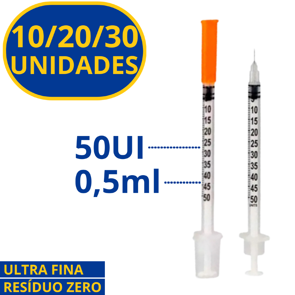 Seringa Insulina 50UI C/ Agulha 6x0,25mm (0,5ml)  - 10/20/30 Unidades - Descarpack
