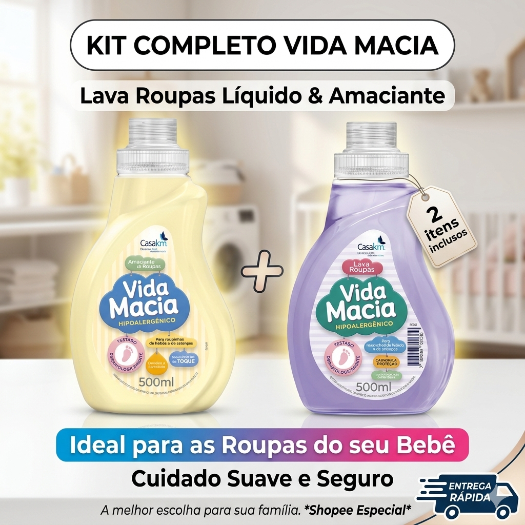 Lava Roupas Líquido Vida Macia Sabão e Amaciante 500ml - Opção de KIT