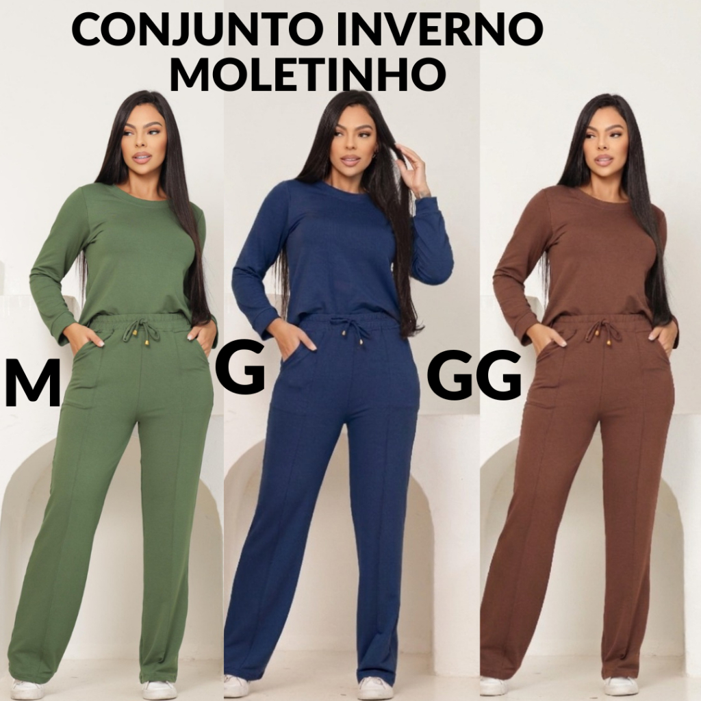 CONJUNTO FEMININO MOLETINHO CALÇA PANTALONA BLUSA MANGA LONGA MODA INVERNO
