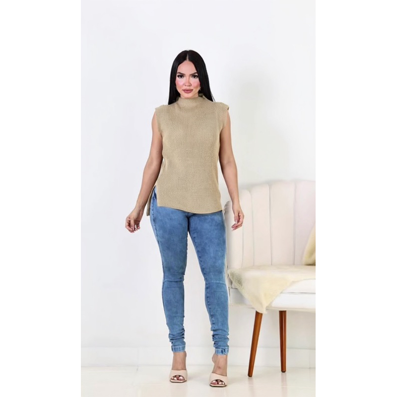 Colete Tricot Feminino Max Gola Alta Premium Blusa de Lã Sem Manga Outono Inverno Tendência Blogueira Luxo